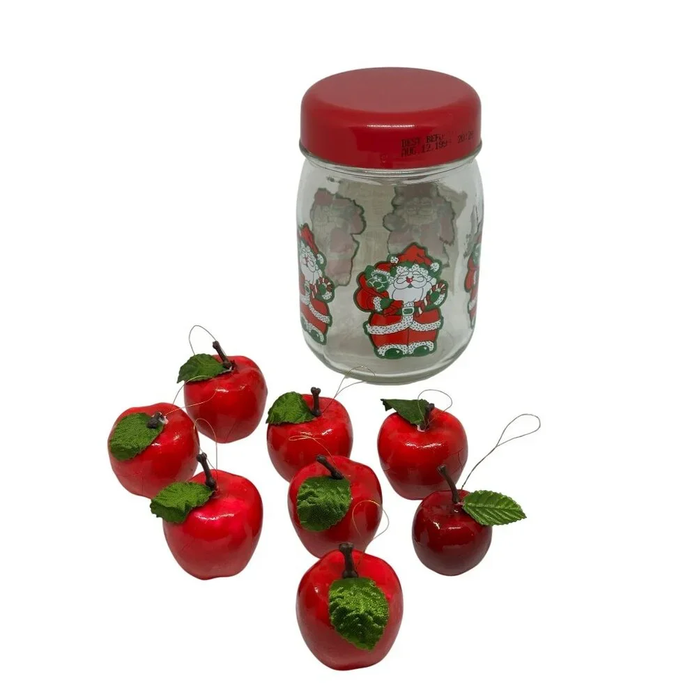 Vintage Christmas Apple Ornaments Santa Glass Jar Red Lid Holiday Tree Decor 8pc